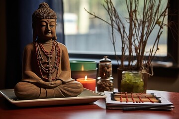 a buddhist statue, incense sticks, and prayer beads on a small table