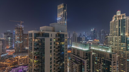 Panorama of downtown Dubai city aerial night timelapse