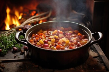 cooking pot full of stew on a rustic kitchen stove