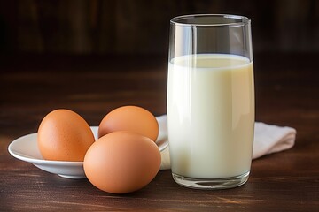 a glass of milk next to a couple of fresh eggs - breakfast preparation