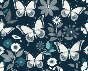Fototapeta na wymiar Vintage seamless pattern with flowers and butterflies. Generative AI