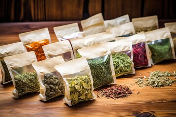 a variety of herbal tea bags arranged on a wooden table - obrazy, fototapety, plakaty