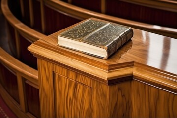 close-up of a glossy wooden pulpit with bible - obrazy, fototapety, plakaty