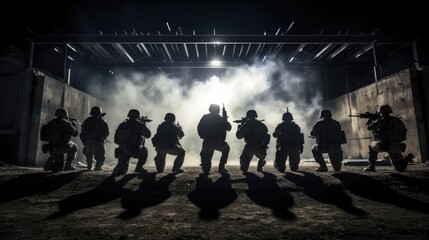A group of military with weapons training at night - Powered by Adobe