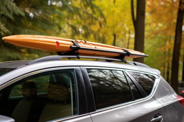 Fototapeta premium canoe secured on a car roof rack
