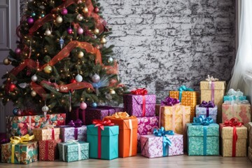 a row of colorful christmas gifts under a decorated tree