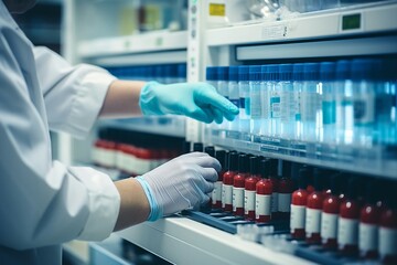 Doctor Managing Blood Sample Tube in Research Lab with Analysis Machines.