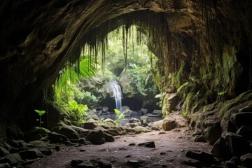 a large cave entrance in a tropical jungle