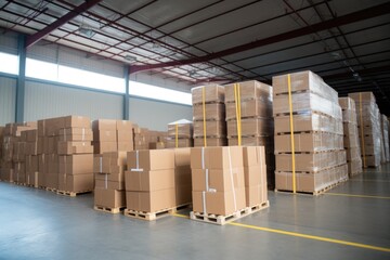 parcels piled up high at a global logistics warehouse