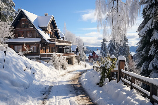 The roofs of the wood houses and street are covered in snow, Christmas scene, photo realistic