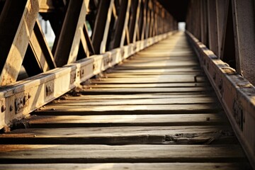 detail of an old wooden bridge beside a shiny steel bridge