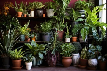 Fototapeta na wymiar a collection of decorative indoor plants in shiny pots