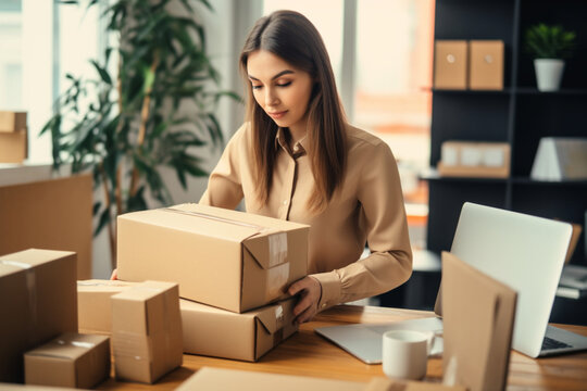 A Businesswoman Preparing A Package For Shipping