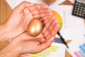 Top view of golden egg in hand, wealth management concept