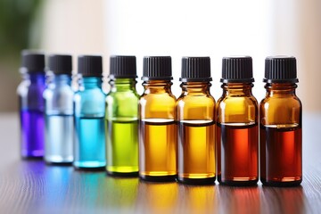 an array of colored essential oil bottles