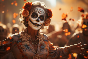 Close-up of a mature Mexican woman dancing in the crowd celebrating the Day of the Dead.