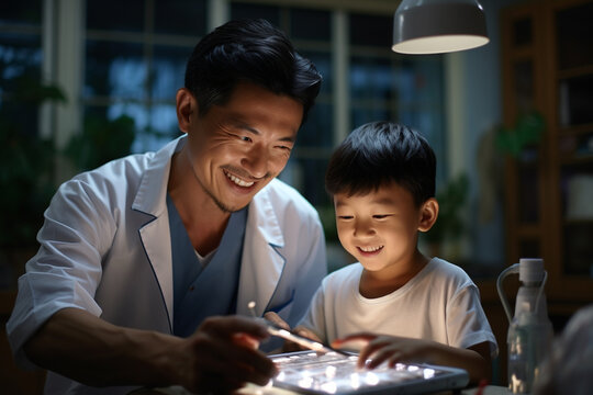 An asian doctor dad and child bond in playful love, balancing work with family joy.