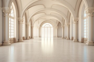 Fototapeta na wymiar Realistic photo of bright palace hall with big windows and light hall inside. Empty room with tile white floor. 
