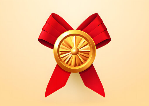 Golden Award Medal With Laurel Wreath And Red Ribbon  On Gradient Background