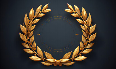 Golden Award Medal With Laurel Wreath On Dark Background