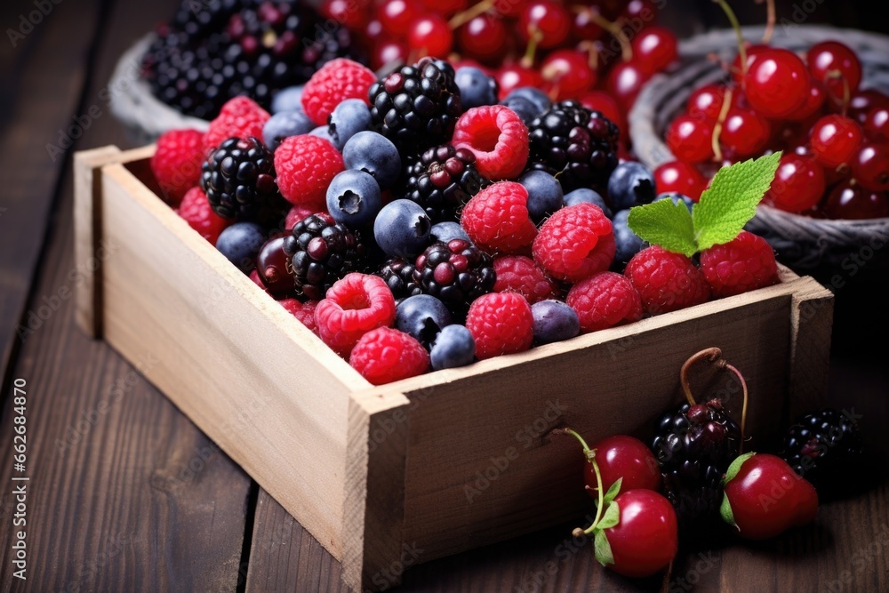 Wall mural a variety of berries in a wooden box