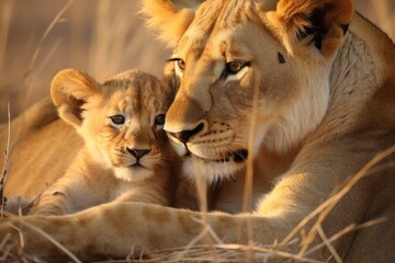 a lioness sharing her with her cubs - obrazy, fototapety, plakaty