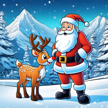 Santa claus and reindeer, cartoon illustration. Generative AI