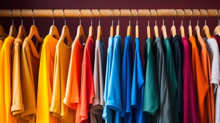 Colourful clothes on hangers. Generative AI