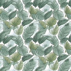 Seamless of Tropical leaf line art wallpaper background, Design of natural monstera leaves and banana leaves in a minimalist linear outline style, Design for fabric, print, cover, banner, decoration