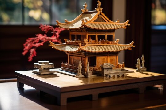 small wooden model of an ancestral home on an altar