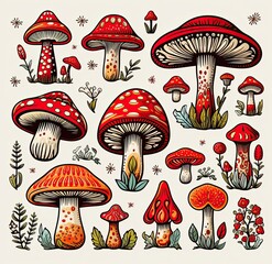 Whimsical Illustrated Scene of Vibrant Red Fly Agaric Mushrooms in a Magical Forest. Generative AI