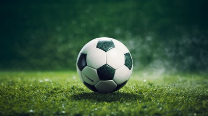 Fototapeta premium Soccer ball on green grass, Generative AI