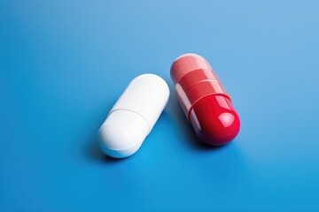 white and red capsules of antibiotics isolated on a blue background