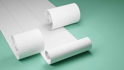 3D rendering of twisted paper strips, unfolded rolls of wallpaper. Abstract background for construction and stationery store. Realistic illustration on pastel green background