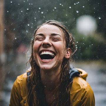 People laughing in a rainy day together wearing  raincoats and having umbrella enjoying the moment  