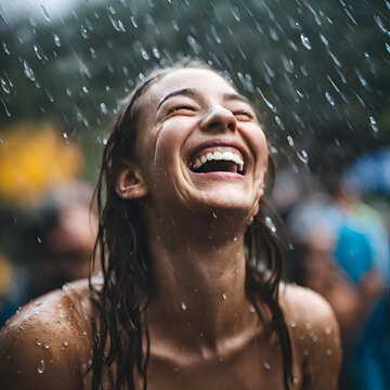 People laughing in a rainy day together wearing  raincoats and having umbrella enjoying the moment  