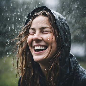 People laughing in a rainy day together wearing  raincoats and having umbrella enjoying the moment  