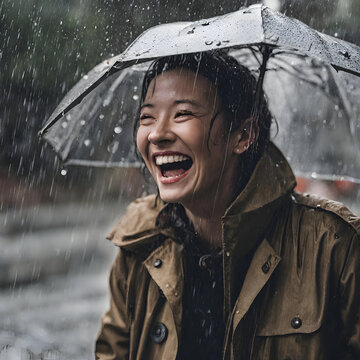 People laughing in a rainy day together wearing  raincoats and having umbrella enjoying the moment  
