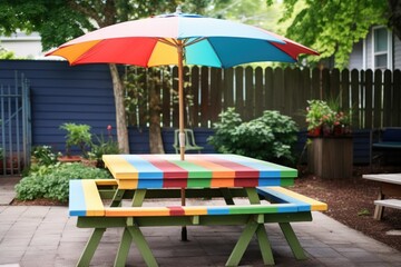 painted wooden picnic table with umbrella