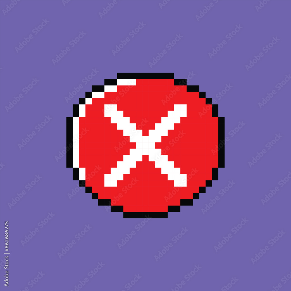 Poster cartoon red pixel check mark no ui button technology pc concept flat design style. vector illustrati
