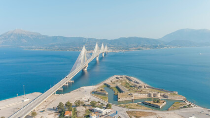 Patras, Greece. Rio Fortress. The Rio-Antirrio Bridge. Officially the Charilaos Trikoupis Bridge....