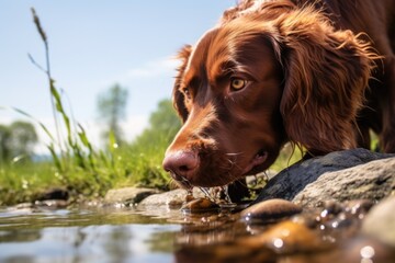 close-up of dog drinking water greedily - obrazy, fototapety, plakaty