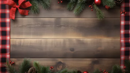 Foto op Plexiglas Festive Christmas Border with Buffalo Plaid Ribbon, Ornaments, and Rustic Wooden Background © Generative Professor