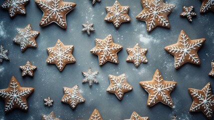 Delicious Holiday Delights: Top View of Festive Glazed Gingerbread Cookies in Christmas Patterns