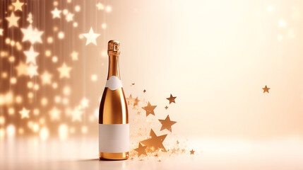 Gold champagne bottle with clean label for product design against golden background - obrazy, fototapety, plakaty