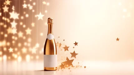 Fotobehang Gold champagne bottle with clean label for product design against golden background © Vasyl Onyskiv