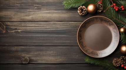 Empty Christmas Food Plate and Rustic Wooden Decor on a Brown Table: Top View Flat Lay