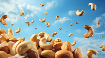 Cashew nuts flying background