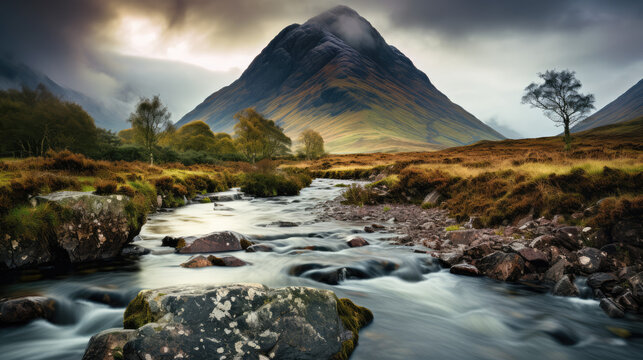 Glen Etive in Scottish highlands is wonderful place full of iconic landmarks and photography spots. Typical weather for Scotland.