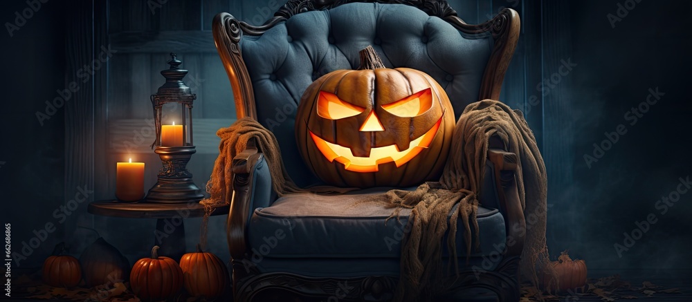 Poster Enigmatic Halloween Photo of a pumpkin on a vintage chair in an old house adorned with candles and magic lights Fairy tale Vintage vibe With copyspace for text